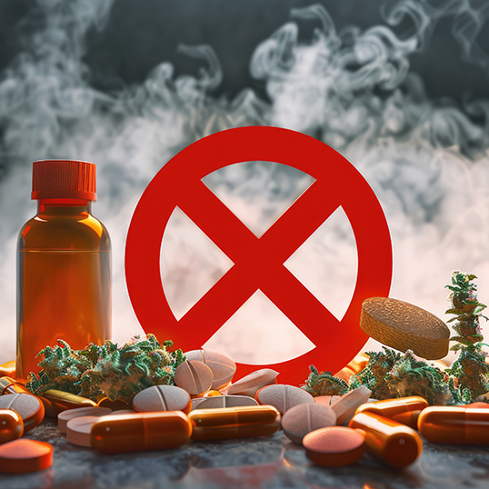 Pills, capsules, and a medication bottle scattered around a large red prohibition sign (X), symbolizing reducing dependency on medications or pharmaceutical drugs.