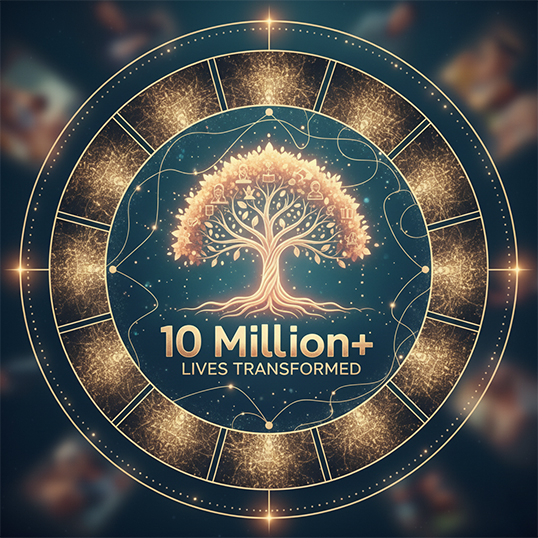 Golden, glowing tree logo with roots and branches, surrounded by a circle of light, stating '10 Million+ Lives Transformed'.