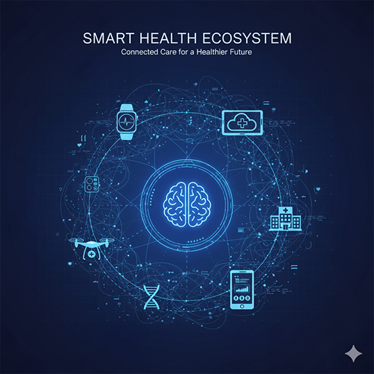 Diagram of a Smart Health Ecosystem showing a central brain icon connected to a smartwatch, tablet, hospital, smartphone, drone, and DNA helix, with the text 'Connected Care for a Healthier Future'.